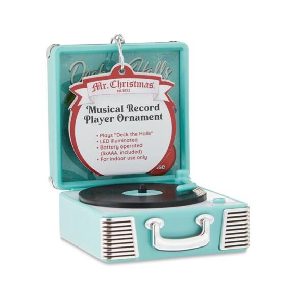 Mr. Christmas 3.8" Retro Vinyl Record Player Ornament, Teal - Picture 3 of 5